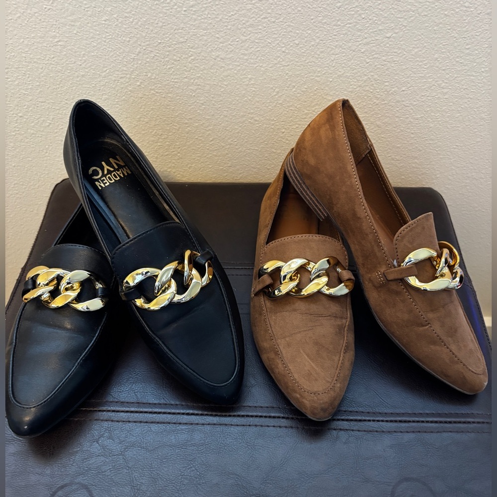 SET OF 2! Madden NYC Black and Brown Chain Loafer Shoes, Women’s Size 7